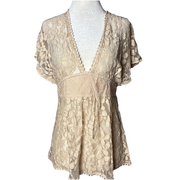 Forever 21 XXI Beige Lace Sheer Babydoll Top Boho Peasant Tunic Women’s M Medium - Picture 1 of 8
